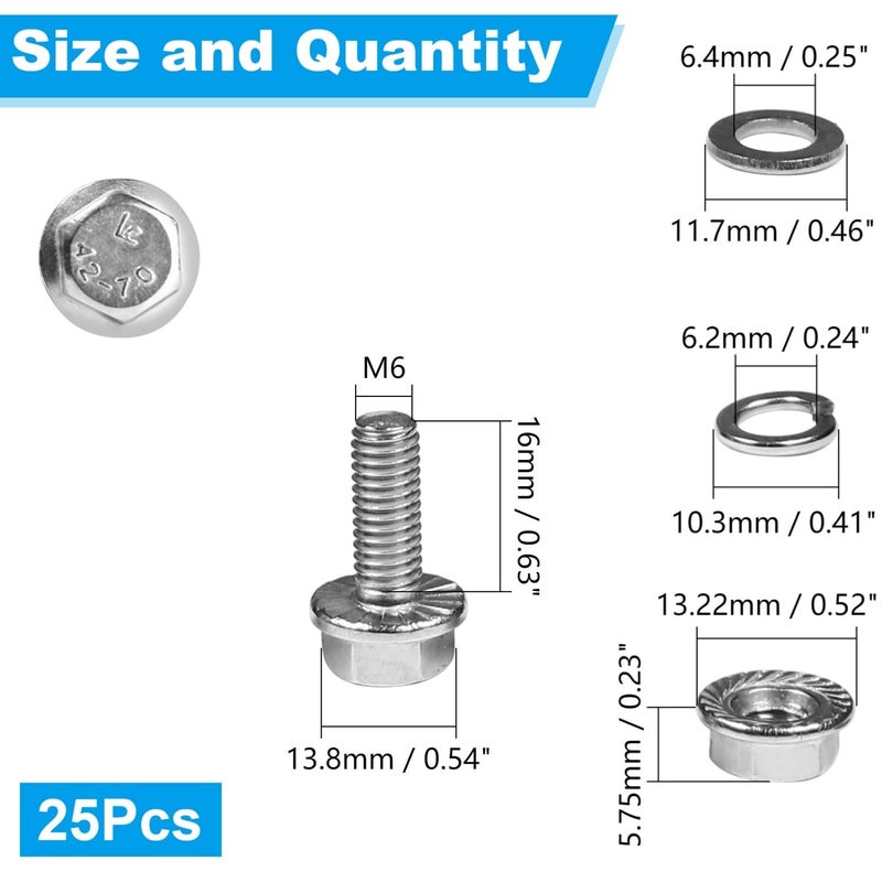 Yinpecly 25 Sets M6-1.0 x 16mm Flanged Hex Head Bolts Kits, M6 Flange Hexagon Screws and Nuts,Flat & Spring Lock Washers,18-8 (304) Stainless Steel,Metric Bolt Assortment, Fully Threaded - Image 2